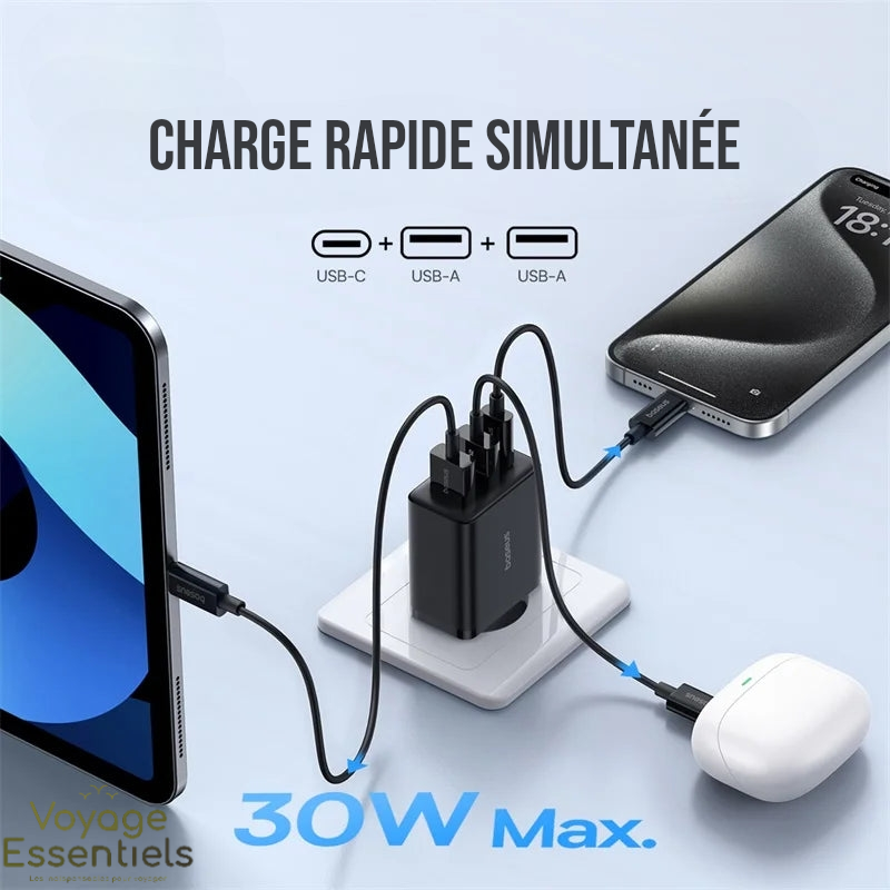 Chargeur Smartphone USB A + C - 30W Baseus